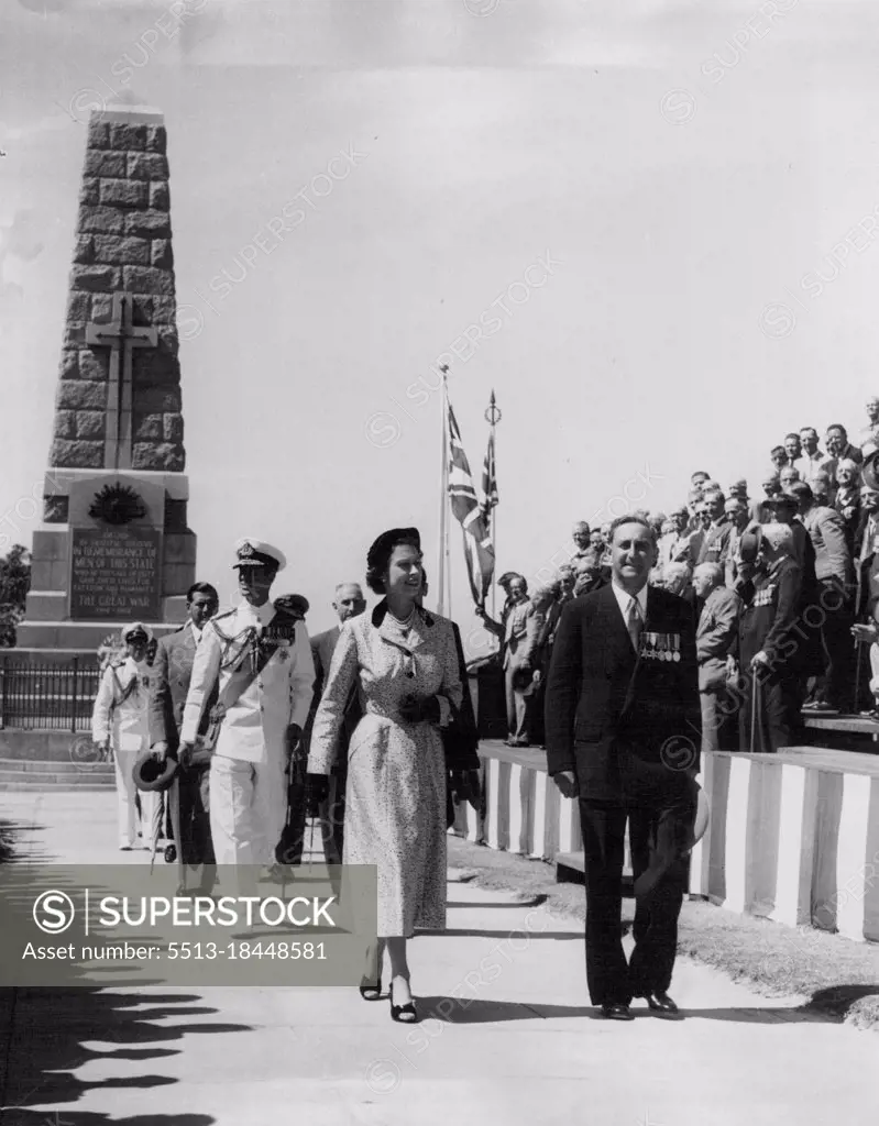 Queen & Duke in Perth after laying a wreath on State Memorial King's Park. W.A. May 11, 1954.