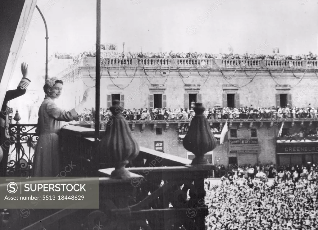 The Queen In Malta -- Her Majesty acknowledging the tumultuous cheers of the assembled crowds from the Palace balcony during her first day in Malta yesterday. January 4, 1954. 