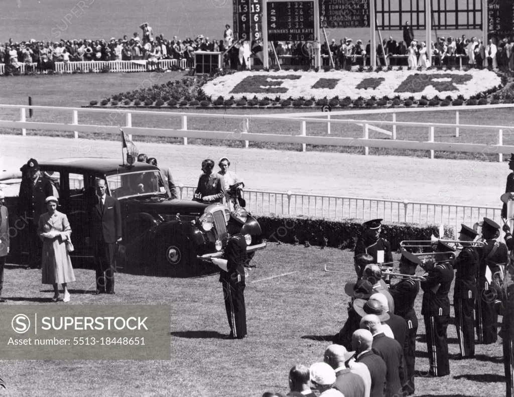 Royal couple attend trotting meeting at Christchurch, NZ - Queen and Duke of Edinburgh arriving at Addington, for the New Zealand Trotting Club meeting. February 04, 1954.