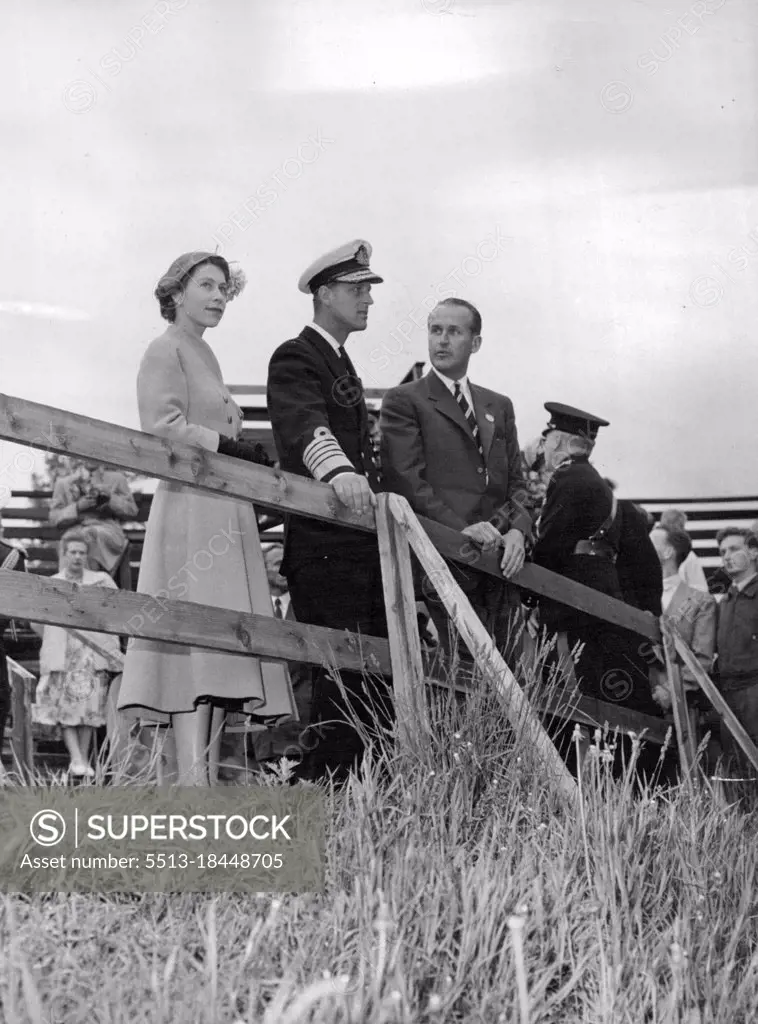 Royal Visit To Norway -- The Queen and the Duke of Edinburgh a the world famous Holmenkollen ski jump. To the right of the Duke, the guide, the ski expert Einar Bergsland.On the 24th June Queen Elizabeth II and the Duke of Edinburgh arrived in Oslo on a 3 day state visit to Norway. This is the Queen's first visit to any country outside the British Commonwealth. The second day of the visit included a garden party at the British Embassy and a royal Galla Performance at the National Theatre in the evening. June 25, 1955. 