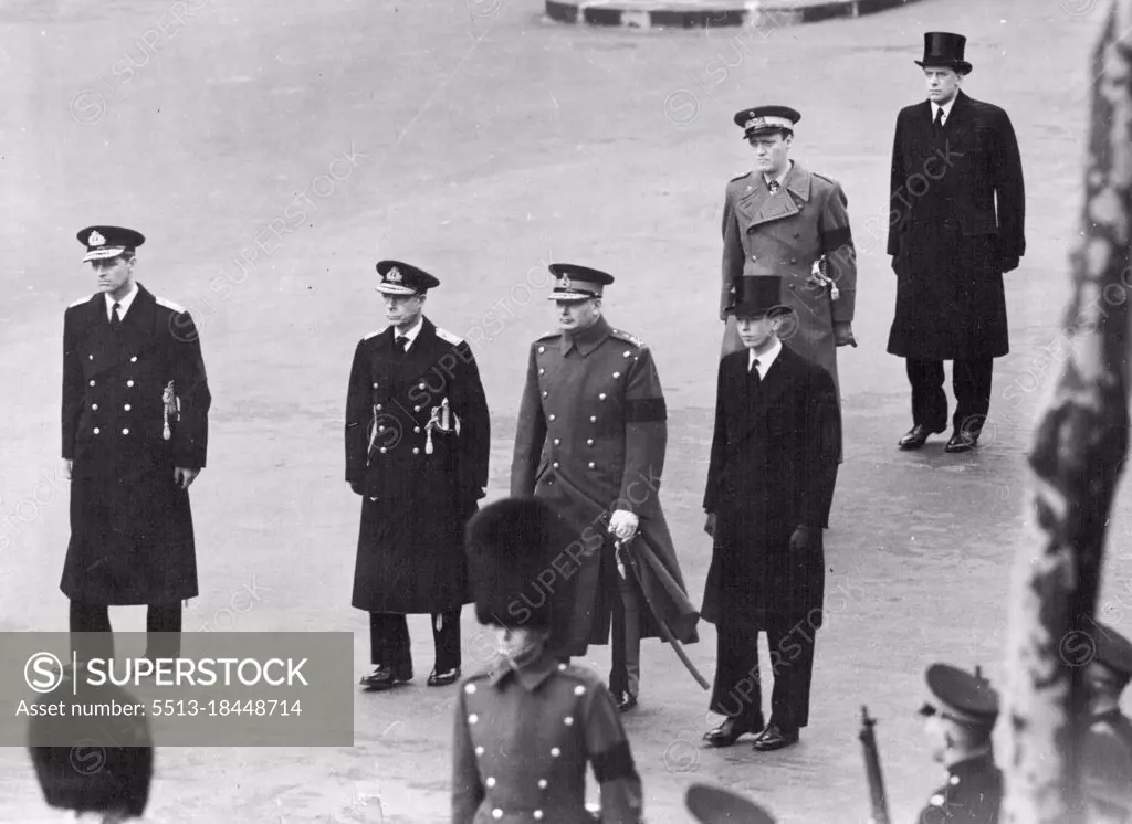 Royal Dukes In Queen Mary's Lying-In-State Procession -- The four Royal Dukes in the Procession through Whitehall left to right - The Duke of Edinburgh the Duke of Windsor; the Duke of Kent.Behind are Prince George of Denmark (uniform) and the Earl of Harewood. Through streets line with sorrowing crowds, Queen Mary made her last Processional journey in London today (Sunday) when her coffin was taken from the Queen's chapel of Marlborough House to Westminster Hall for the lying-in-Stats. March 29, 1953. (Photo by Reuterphoto). The Coffin was borne on a horse-drawn gun carriage of the King's Troop, royal Horse Artillery.In the Procession were four Royal Dukes (of windsor, Gloucester, Kent,and Edinburgh), members of the armed forces and representatives of Queen Mary's household and staff. 