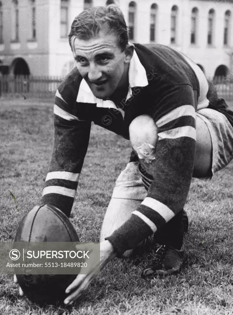 British Isles Team train at Cricket yard 19 year old Welsh ***** L. Jones places ball for a kick at goal during training. August 23, 1950. (Photo by Martin/Fairfax Media).