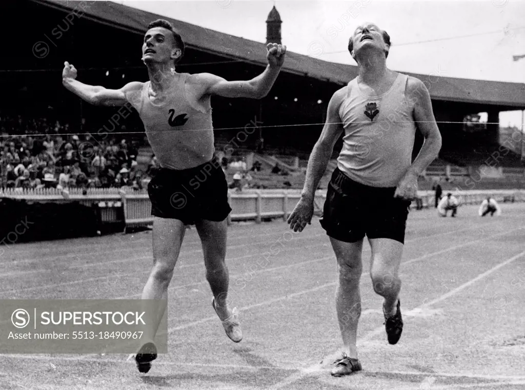 Finish of 2 mile walk championship of Australian champion A. Stubbs, N.S.W. (right) beaten by inches by D. Keane, W.A. (left). February 22, 1950.