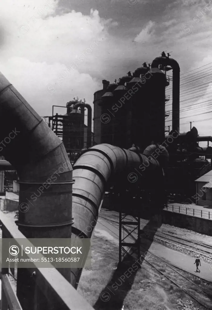 Tatas, Pioneers Of Indian Heavy Industry -- These photos show the large-scale production of Indian iron and steel by the well-known Indian firm of Tatas.The electrical dust precipitating plant which purifies the gas that comes from the blast furnaces to make it suitable for use as fuel. May 19, 1955.