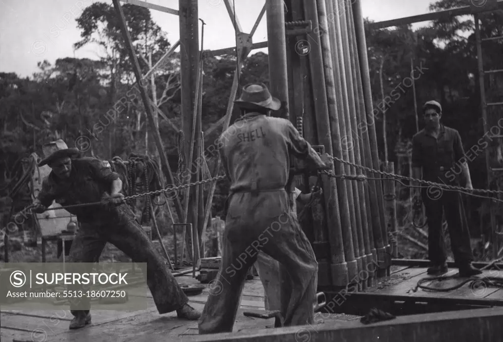 Boring For Oil: Geologists pick the spots where heavy equipment is used to make sample borings. So far there has been no success but this job requires patience and the oil engineers continue to be hopeful. April 26, 1949. (Photo by The Swedish Magazine Service AB.).