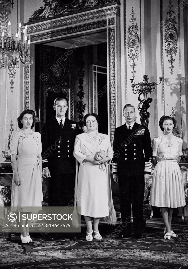 The Royal Family Photographed at Buckingham Palace -- A new photograph of The King and Queen, Princess Elizabeth, Princess Margaret and Lt. Philip Mount Batten whose marriage to Princess Elizabeth takes place at West Minister Abbey on 20th November, 1947. October 15, 1947.