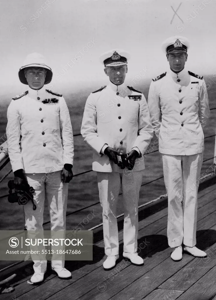 Cur Sailor Princes with the Fleet -- The Price of Wales (left) and Princes George (right) with Admiral Sir Ernle Chatfield, Commander-in-Chief of the Mediterraneen Fleet, photographed H.M.S. "Queen Elizabeth". October 04, 1932. (Photo by Sport & General Press Agency Limited).