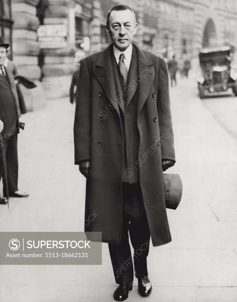 Rachmaninoff In London ... Rachmaninoff leaving his hotel in London.Rachmaninoff, the world famous pianist has arrived in London for only a very short stary. He will make his only appearance at the Queen's Hall, London this afternoon. April 29, 1933. (Photo by News Photos (London) Ltd.).