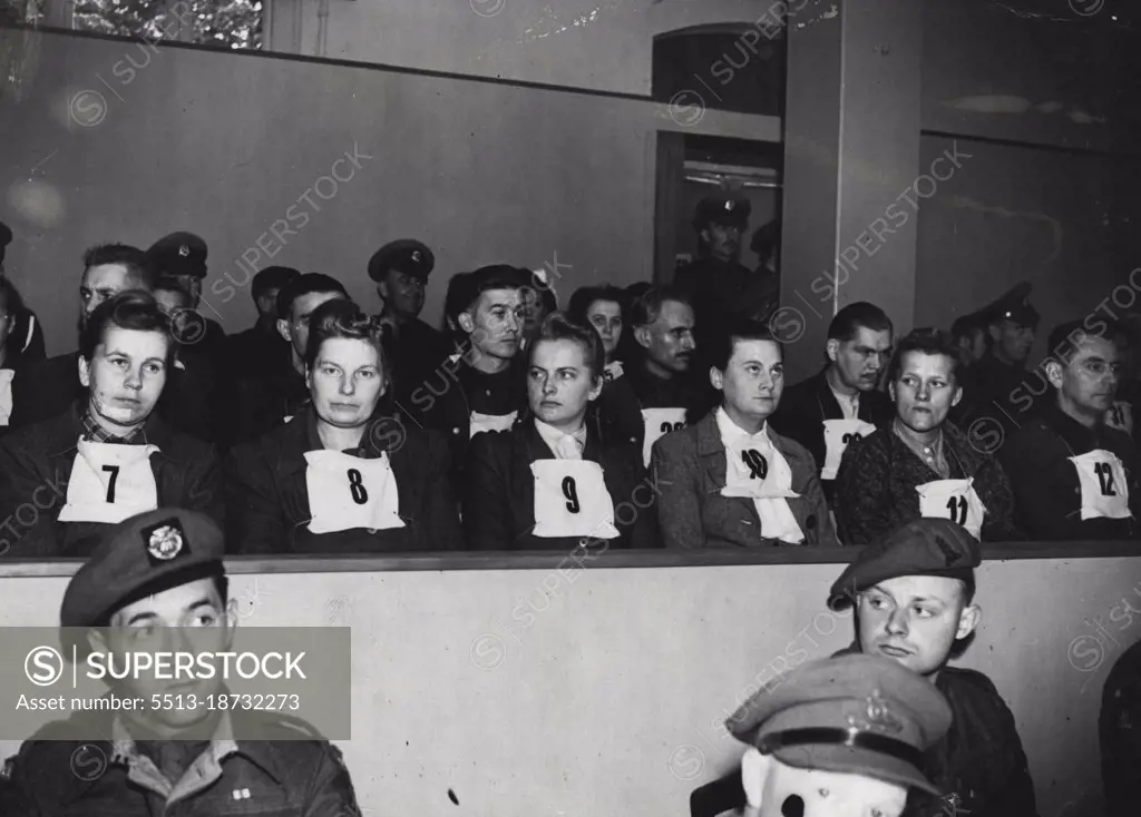 The Belsen Trials -- The accused women photographed in the dock at the opening of the Belsen War criminals at Luneberg to-day. Irma Greese is No. 9 the others are;- Elizabeth Volkenrath (7), Herta Ehlert (8); Hilde Lobauer (11) and Josef (12), Klippel. November 11, 1945. (Photo by LNA)