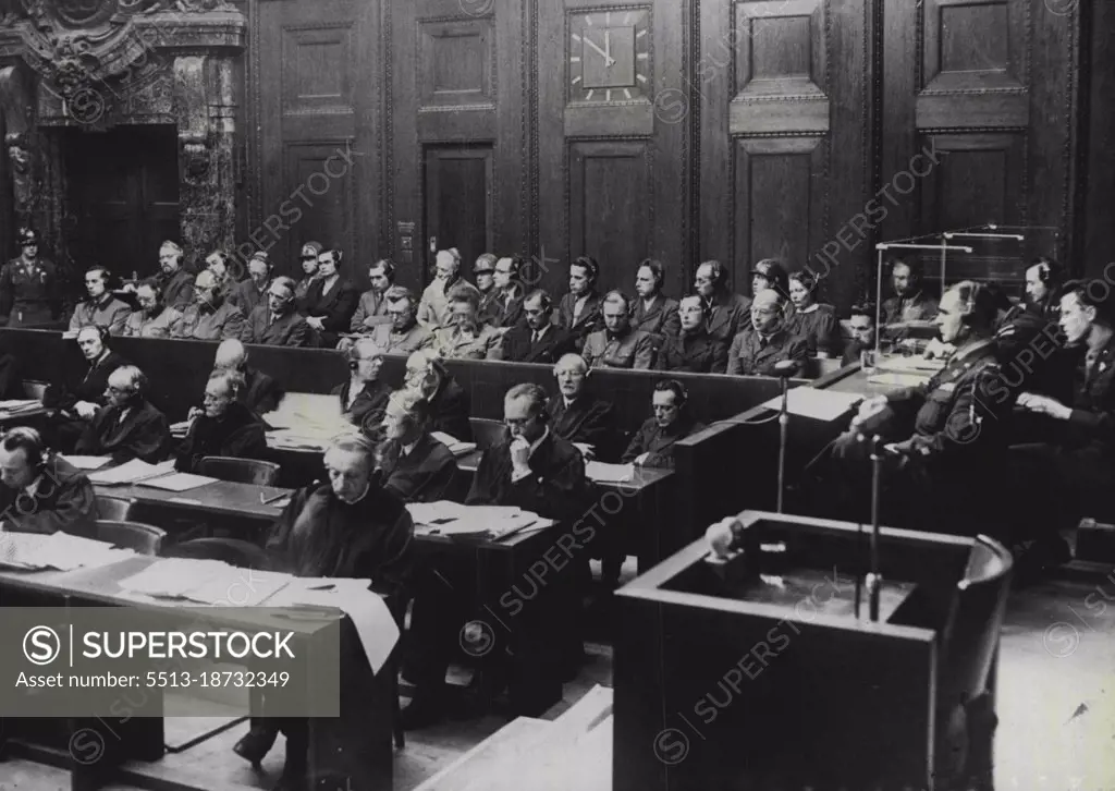 Accused German Doctors and Scientists -- A general view of the court at Nuremberg, showing defendants in dock.Twenty three German Doctors and Scientists are now standing trial in the famous dock at Nuremberg for to turning and murdering concentration camp inmates by means of inhuman experiments. Ghastly stories are being told in court of the murders and atrocities they are alleged to have committed. Some of them are famous throughout Europe for their medical or scientific accomplishments. All have pleaded "Not Guilty". February 1, 1947.