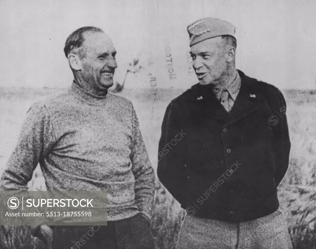 Eisenhower Meets Montgomery -- Here is the meeting of Gen. Dwight D. Eisenhower (right), Allied Commander of North Africa Forces, with Gen. Sir Bernard L. Montgomery, British eighth army commander, as pictured by an official British Newsreel, after Eisenhower flew to Montgomery's headquarters prior to the breakthrough of British forces of the Axisheld Mareth Line. Following this action the British Eight Army joined together with U.S. Troops. June 5, 1943. (Photo by Associated Press Photo).