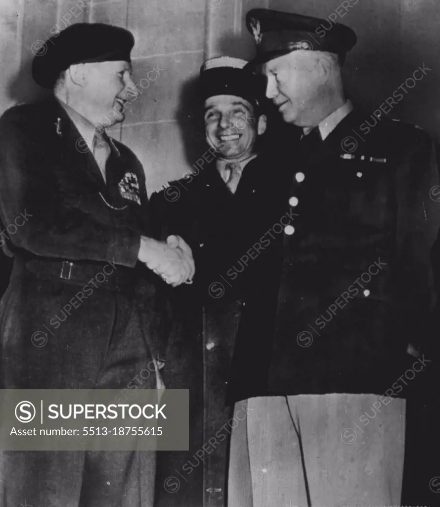 Like Old Times -- Britain's Field Marshal Lord Montgomery (left) and Gen. Dwight D. Eisenhower (right), top-ranking leaders of Allied forces in western Europe in World War II, shake hands at Hotel Raphael in Paris today following Ike's arrival to take command of North Atlantic pact nations' forces in western Europe. Monty, head of the Western Union military organization, may become one of Ike's top level associates in the defense of western Europe against Communism. In center is French Col. Costa de Beauregard, Montgomery's aide. January 7, 1951. (Photo by AP Wirephoto).