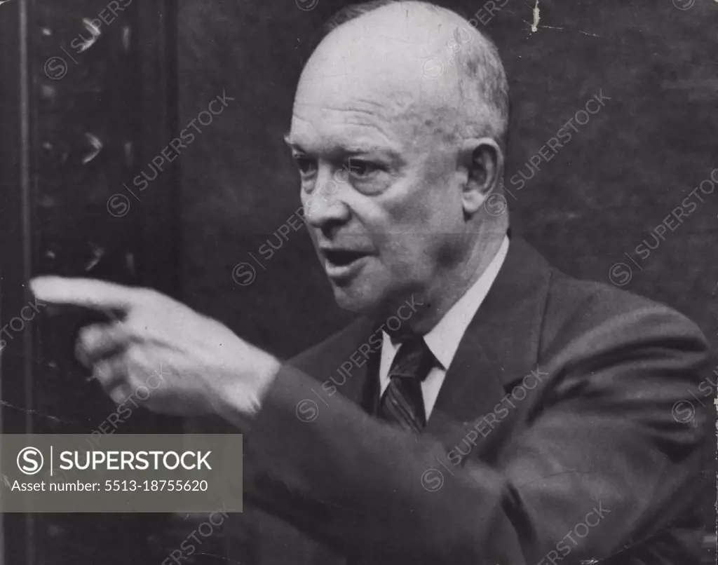 Pres. Eisenhower make a point to newmen as he answers a question during his press conference here 6/8. At the conference, the Chief Executive expressed his utmost confidence that West German Chancellor Adenauer will remain faithful to the Western Allies. June 08, 1955. (Photo by United Press Telephoto).