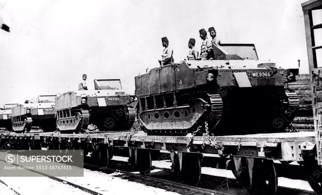 New British Made Tanks For Egyptian Army -- The Latest Arrival - New tanks on their way to Abbassia, after having been delivered form England.Since Egypt regained her Independence great strides have been taken in the re-armament of the country. Guns, tanks and Armoured cars of the latest type manufactured in England have been delivered and British officers are instructing the Egyptians in their use. June 27, 1938. (Photo by Keystone). 