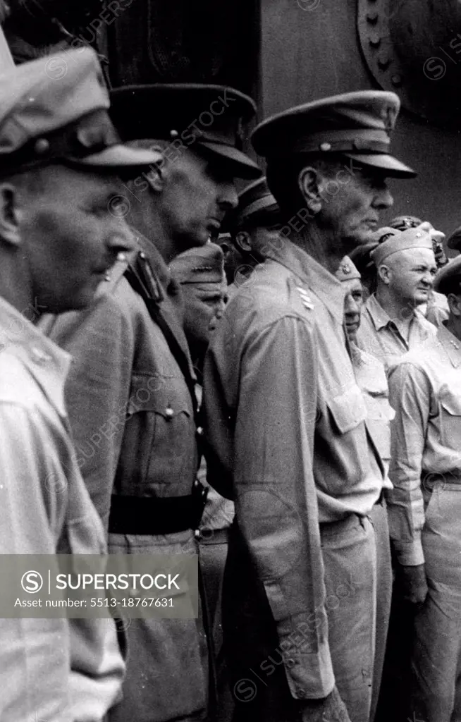 Surrender -- Lieut. General Arthur E. Percival and General Wainwright stand on the deck of the U.S. "Missouri" during the signing of the surrender of Japan. September 1, 1945. (Photo by Netherlands Indies Information Service).