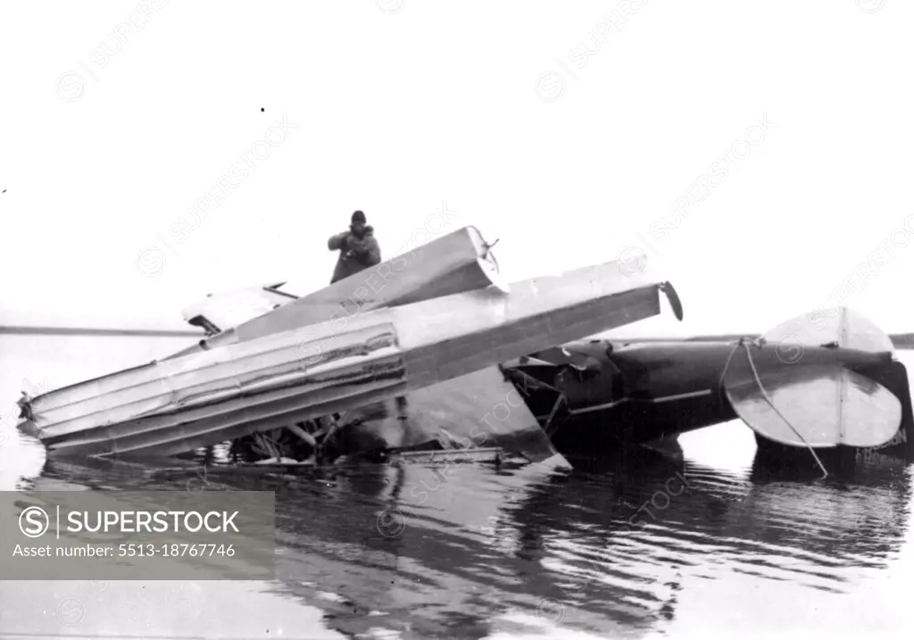 Wreckage Of Rogers Post Plane -- This is a closeup of the wreckage of the plane in which Wiley Post and will Rogers crashed to their deaths August 15 Near here. It shows show the ship was shattered in its plunge into the shallow river. The broken pontoons stand out in the foreground. This picture taken by Charles Brower, "King of the arctic," was relayed to San Francisco in the fastest trip ever made from Barrow, 42 hours by four relays of planes. August 08, 1935. (Photo by Associated Press Photo).