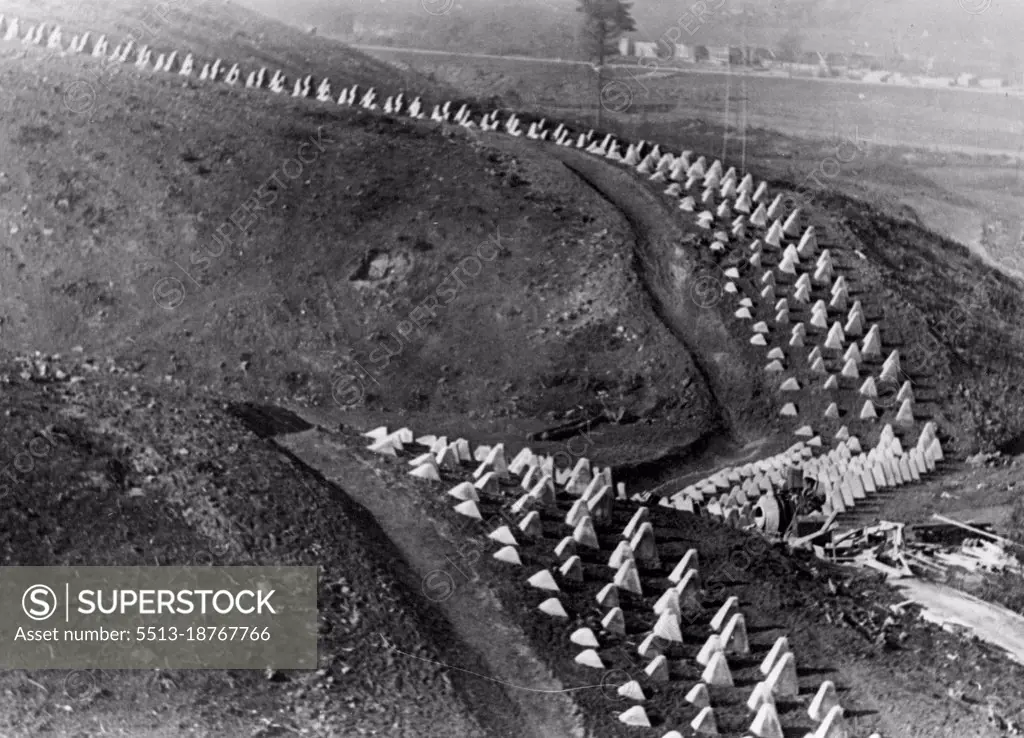 First Pictures Of Germany's Siegfried Line -- Over hill and down dale stretch these lines of reinforced concrete tank barriers - described as the gravestones of tanks.These are the first pictures of Germany's new Siegfried line fortifications along that Western frontiers, described as "The most modern ad astounding works of our time". October 25, 1938. (Photo by Keystone).