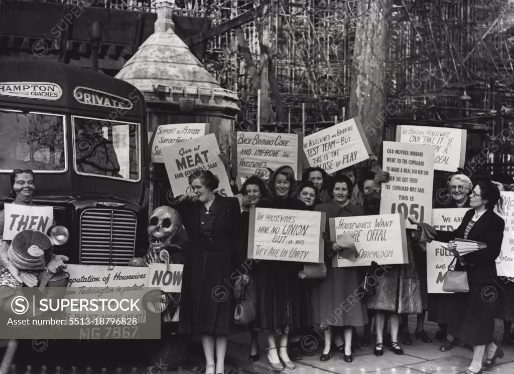 British Housewives Protest At Meat RationA deputation of British housewives arriving at the House of Commons today to protest to members of Parliament about the meagre meat ration of 8d per head per week. They come by lorry bearing "figureheads" showing comparisons in the meat rations "then and  now" and carried placards, some in rhyme, demonstrating against the recent meat ration cuts. February 07, 1951. (Photo by Paul Popper Ltd.).