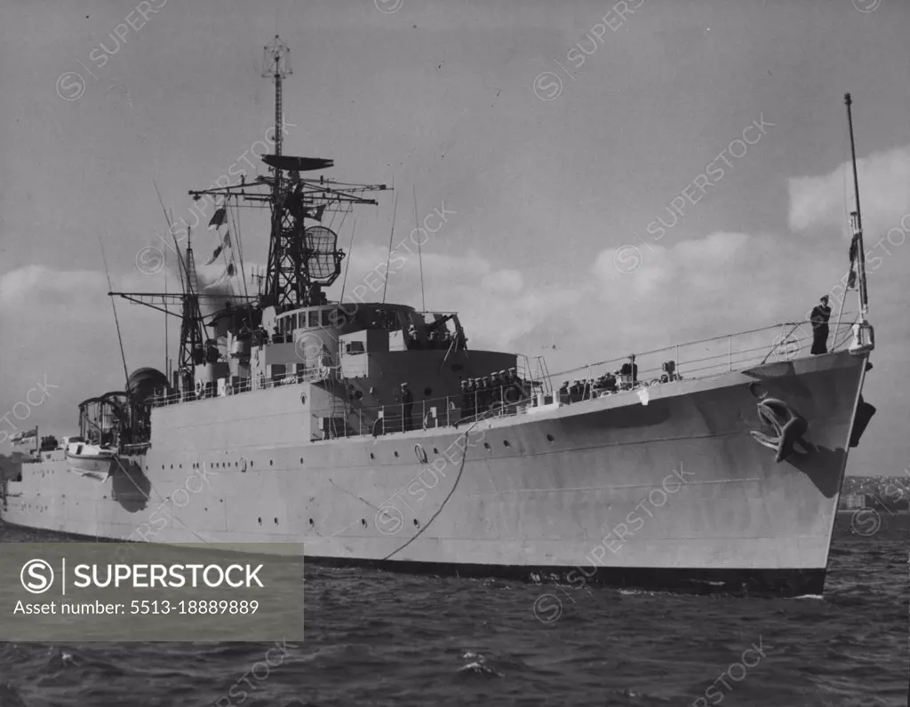 New Anti-Sub Frigate - HMAS Quadrant, formerly a ***** converted into the latest ***** frigate in the RAN on its ***** from Melbourne this morning. ***** with the most modern anti-submarine ***** including the "Squid" and ***** firing mechanism. July 28, 1953. (Photo by Ronald Leslie Stewart/Fairfax Media).