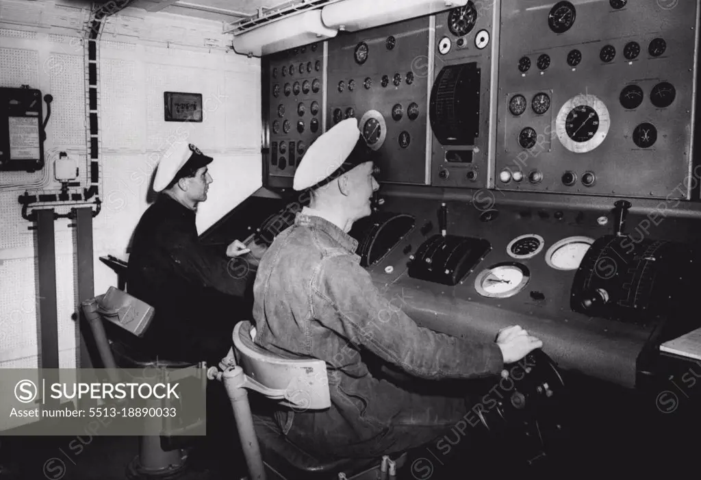 Royal Navy Experiments With Gas Turbine Engines -- The neat control-rocks aboard H.M.S. "Grey Goose". The engineers are enabled to sit while keeping complete control of the experimental gas turbine engines - through the instrumental panel. July 06, 1955. (Photo by Sport & General Press Agency, Limited).