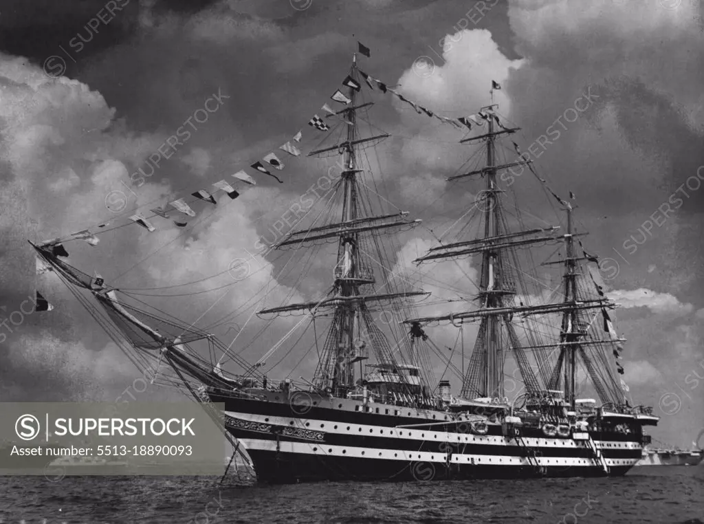 The Antique Touch At Spithead - A singular vessel that has come to Spithead for the coronation Naval Review is the Italian Training ship "Amerigo Vespucci". Despite her fine array of masts and rigging she arrived at spithead under steam. June 12, 1953. (Photo by Paul Popper).