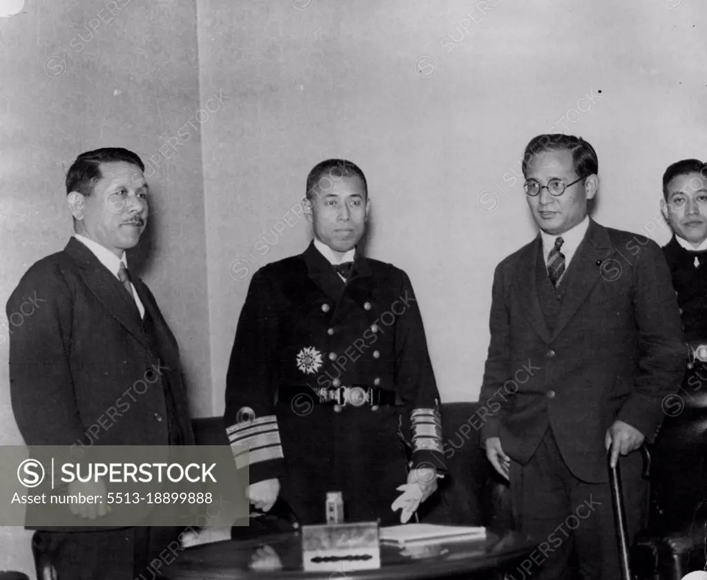 There will be no change in Japan's attitude on the naval disarmament question even after hearing a detailed report from Vice Admiral Yamamoto who returned here this afternoon from London, accomplishing his duties as Japanese Navy representative at London Naval disarmament parley. February 12, 1935. (Photo by Shimbun Rengo News Photos Service).