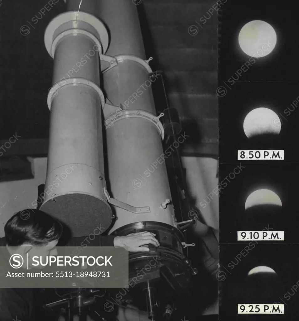 The first eclipse of the moon since 1946 took place last night and a clear, cloudless sky gave observers a perfect view. Right: Four stages of the eclipse: (top to bottom) 8.30 p.m., just before the eclipse began; 8.50 p.m., the first shadow begins to creep across the moon's face; 9.10 p.m., the eclipse half-completed; 9.25 p.m., approaching total eclipse. Left: Government Astronomer, Mr. H. W. Wood, makes a last-minute check on the astrographic telescope at Sydney Observatory which was used to photograph the eclipse. July 27, 1953.