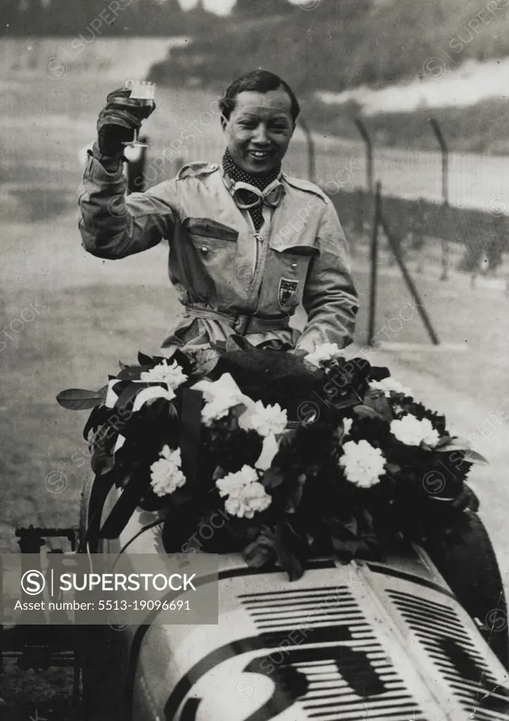 Siamese Prince Wins International Trophy Rage at Brooklands - Prince Birobonge after his great victory at Brooklands this afternoon.Prince Birabongse, of Siam driving an E.R.A. under the name of  "B.Bira" won the 250 miles International Tropy Race, organised by the Junior Car Club, at Brooklands, the famous Surrey race track, this afternoon. Reymond Mays, also driving an E.R.A. gained place. There were a member of women competitors in the race. May 02, 1936. (Photo by Topical Press).