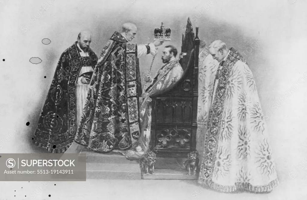 Coronation - The Crowning of the King George V by the Archbishop of  Canterbury. The crown is handed to the Archbishop by the Dean of Westminster: by the throne stands the Bishop of Bath and Wells. June 15, 1948. (Photo by Dorien Leigh Ltd.).