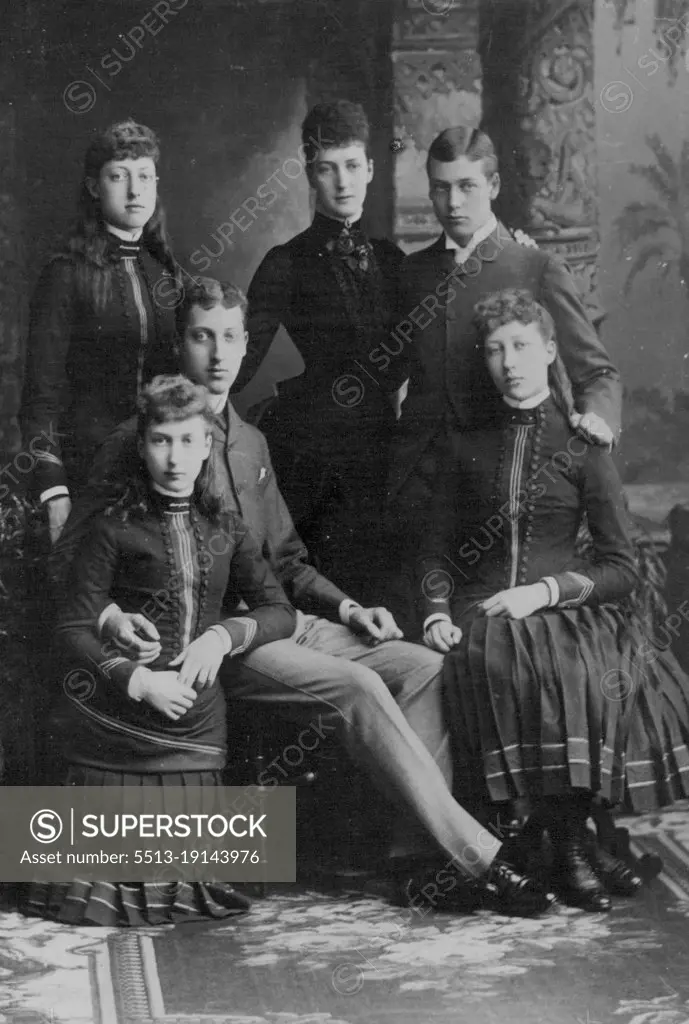 The King, with his mother, brother & three sisters. The King is standing with Queen Alexandra. May 3, 1935.