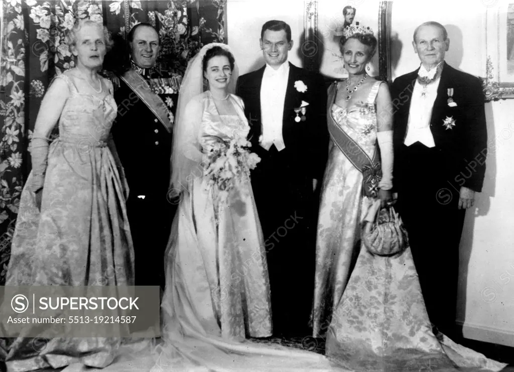 Royal Wedding In Oslo -- The wedding group after the marriage of Princess Ragnhild of Norway and Mr. Erling Lorentzen, son of a prominent Norwegian shipowner, near Oslo on Friday. Princess Margaret attended. (Left or Right) Mrs. Lorentzen, Crown Prince Olaf (father of bride), the bride and groom, Princess Martha, and Mr. Lorentzen. May 19, 1953.