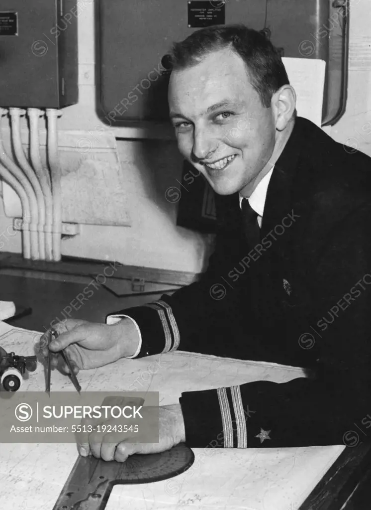 Young American Navigator, second officer D. J. O'Leary, who has correctly plotted the islands Manuae and Auotu in the Lower Cook group, in his cabin in the Pioneer Star today. *****. September 01, 1954.