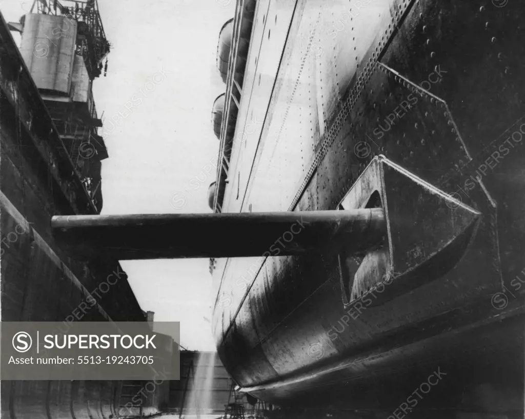 Fins To Stop That Sea-Sick Feeling -- An innovation designed to do much to prevent sea-sickness - the stabilizing fins on the hull of the P and Q. Liner "Chusan, which is now making a series of cruises before a quick round passage to Bombay in September. The fins, each side of the vessel, are gyroscopically controlled, and are retractable into the hull. July 26, 1950.