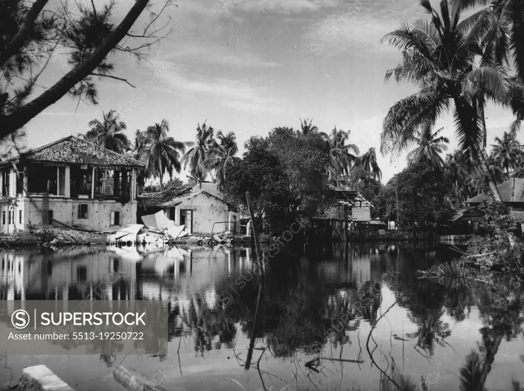 A view of what was once the pretty little town of "Victoria" on Labuan Island, which was neglected by the Japs and wrecked by our bombs and shelling before the landing of 9th Division troops. May 26, 1945. (Photo by Australian Official Photo).