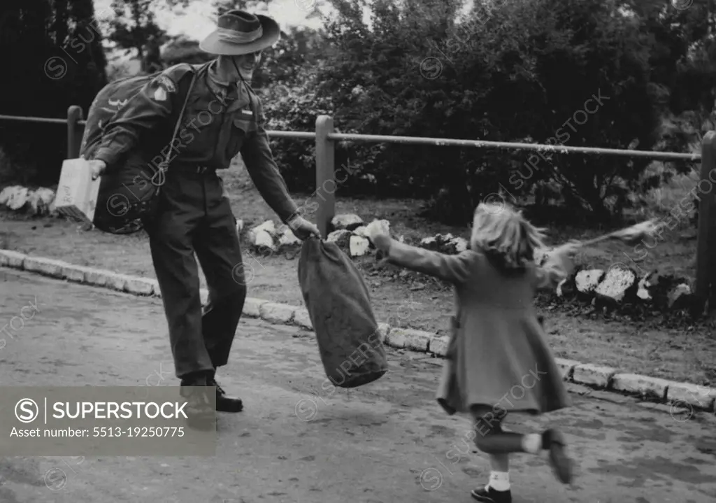 They're Home! -- Australian Fighting Men from Korea came home to Melbourne today. Royal Park, where they got their pay and leaves passes, saw many touching re­unions. None was more joyous than this - when Janice Parker, 5, spotted her uncle, Pte. Kevin Falkingham, of Bayswater. April  15, 1953. (Photo by Bruce Reddaway).