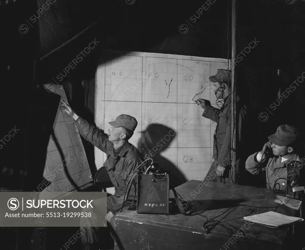 Look To The Skies -- Men of battery a, 531st anti aircraft artillery battalion, Fort Bliss, Texas, compute information received from an operations center preparatory to firing the skysweeper at an oncoming target. Show left to right are: Cpl. Floyd W. Hyronimouos, Conversion Plotter, from Davis, South Dakota; Pfc. George R. Pollet, Radar Plotter, from Dewey, Oklahoma and 1st. Lt. David B. Smith, battery operations officer, from El Paso, Texas. December 06, 1954. (Photo by Official U.S. Army Photo).