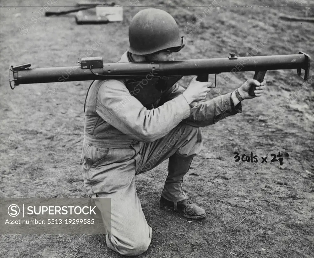 The Armor-Piercing 'Bazooka' -- Correct way to fire the gun.Operated in North Africa and Sicily with deadly effect against Nazi tanks. August 12, 1944. (Photo by The New York Times).