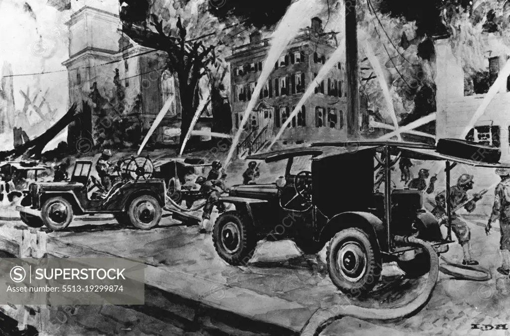 The U.S. Army Jeep... A Militarist's Dream Come True -- As a hose car (left) and pumper (right) in fire fighting. January 04, 1951.