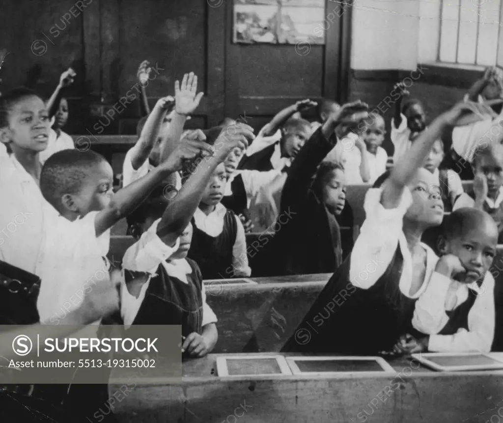 This was the last day of classes at one of the many mission schools which have taught the natives with the help of Government aid. In protest against the restriction of what could be taught the Bantus, The schools decided to close down. January 14, 1955. (Photo by United Press).