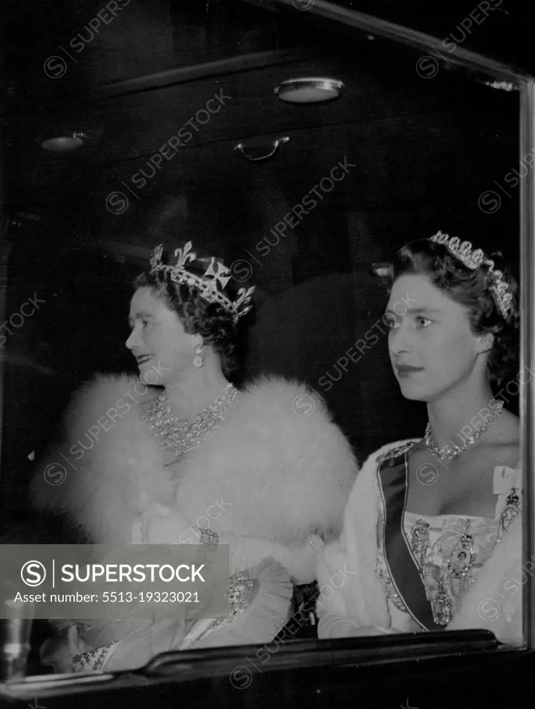 Queen Mother, Princess Margaret, Drive To Banquet For Portuguese President.A graciously smiling Queen Mother, a pensive Princess Margaret, drive in the state coach to the Buckingham Palace banquet.President Craveiro Lopes of Portugal arrived in London with his wife Tuesday on a State Visit, the first such form a Portuguese President for more than half a century. The Portuguese visitors were welcomed on disembarkation at Westminster Pier by Queen Elizabeth and other members of the British Royal Family. During the afternoon President and Madame Lopes went to Britain's historic Westminster Abbey. In the evening they were guests of honor at a state banquet in Buckingham Palace. October 25, 1955. (Photo by Daily Express Picture).