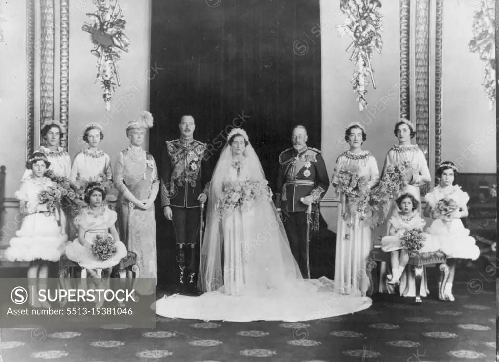 The Wedding Of H.R.H. The Duke Of Gloucester And Lady Alice Scott, Sister Of The The Duke Of Buccleuch, Which Took Place Quietly In The Private Chapel, Buckingham Palace, Nov. 6th.The Bridal Group after the wedding. L. to R Back Row:- Miss Claire Phipps, Lady Elizabeth Scott, H.M. the Queen, the Duke of Gloucester, the Duchess of Gloucester, H.M. the King, Lady Angela Scott, Miss Moyra Scott. Front Row. L. to R:- Lady Mary Cambridge, Princess Elizabeth of York, Princess Margaret Rose of York, Miss Anne Hawkins. November 25, 1935. (Photo by Sports & General Press Agency Limited).