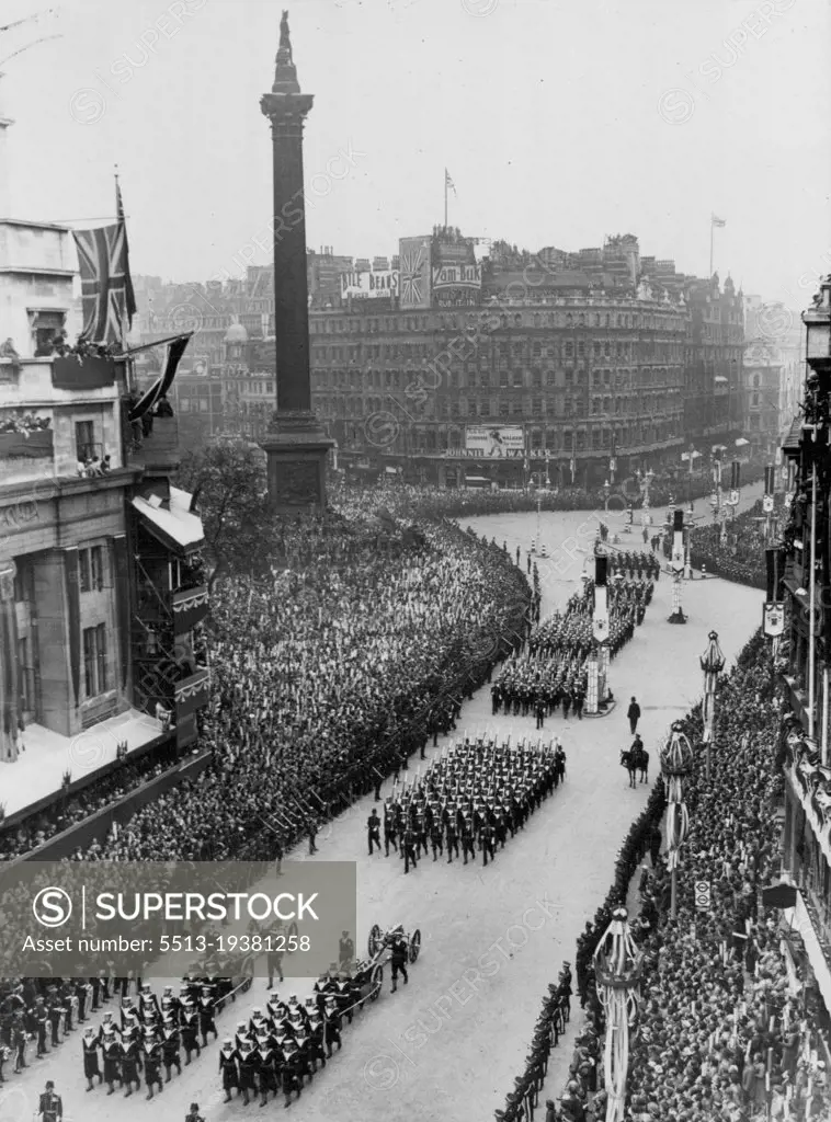 The Coronation of King George VI, And Queen Elizabeth. Scenes In Trafalgar Square -- The R.N., The R.N.R., and the R.N.V.R., in the procession passing Nelson's Column, in Trafalgar Square, on the return journey. May 12, 1937. (Photo by Sport & General Press Association Limited).