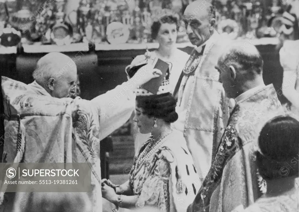 The Coronation of King George VI And Queen Elizabeth -- The Crowing of the Queen; The Archbishop of Canterbury places the crown on the head of the Queen, during the ceremony in Westminster Abbey. February 3, 1953. (Photo by Fox Photos).