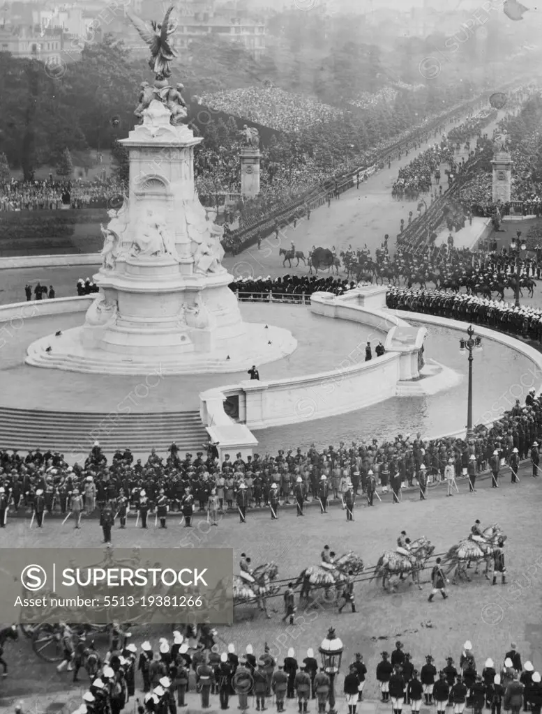 The Coronation - 1911 -- The approaching Coronation of King George VI  at Westminster on May 12th, brings back memories of the last Coronation - that of his father King George V.This interesting picture, taken from one of the windows of Buckingham Palace, shows: The Royal Coach Departing On Its Way To The Ceremony for the Coronation of King George V in 1911.The Victoria Memorial can be seen very prominently in this picture. April 26, 1937.