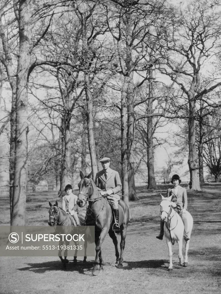 Princess Elizabeth Rides With Her Father At Windsor On Thirteenth Birthday -- Princess Elizabeth (right) riding with her father, King George, and Princess Margaret in Windsor Great Park on her thirteenth birthday.Princess Elizabeth went riding with her father, King George, and her sister, Princess Margaret, in Windsor Great Park on her thirteenth birthday. The Royal family is staying at Windsor Castle. April 21, 1939.