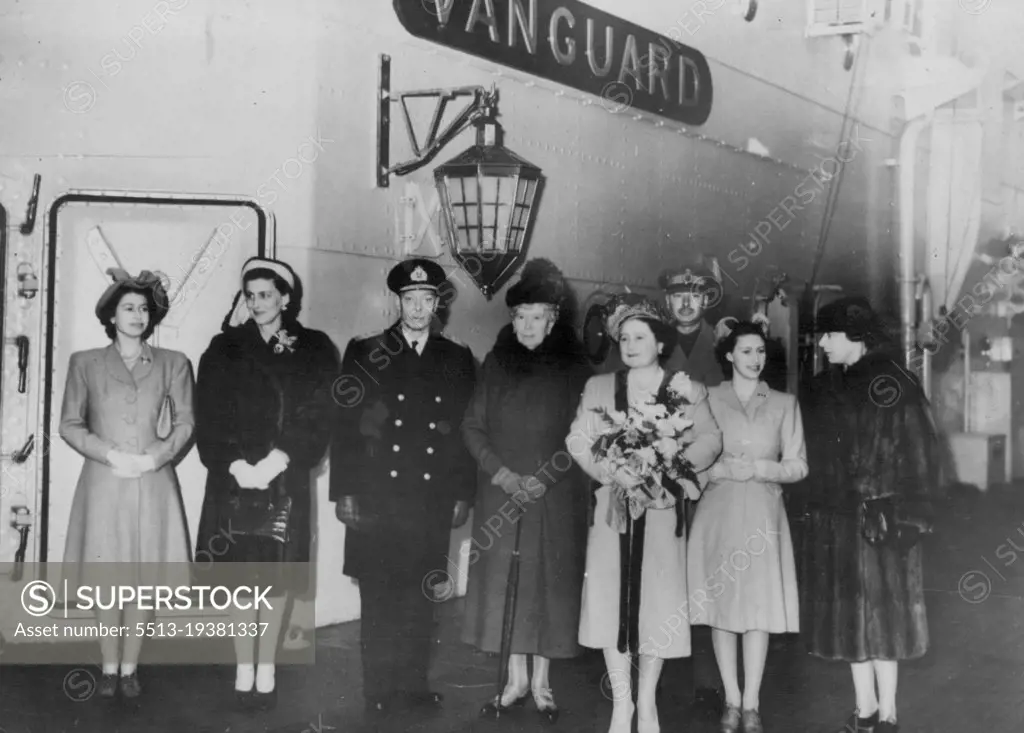 Royal Party Sail For South Africa In Battleship -- The King and Queen and the Princesses with other members of the Royal Family, who saw them off, at the entrance to the Royal apartments on the quarterdeck of H.M.S. Vanguard. Left to right - Princess Elizabeth; the Duchess of Kent; the King (in uniform of Admiral of the Fleet); Queen Mary, the King's mother; Queen Elizabeth; the Duke of Gloucester, the King's brother (behind) Princess Margaret and the Princess Royal (sister of the King).With other members of the Royal Family to see them off, King George and Queen Elizabeth and their daughters, Princess Elizabeth and Princess Margaret, boarded H.M.S. Vanguard (42,500 tons), Britain's most modern battleship, at portsmouth en route to South Africa. January 31, 1947.