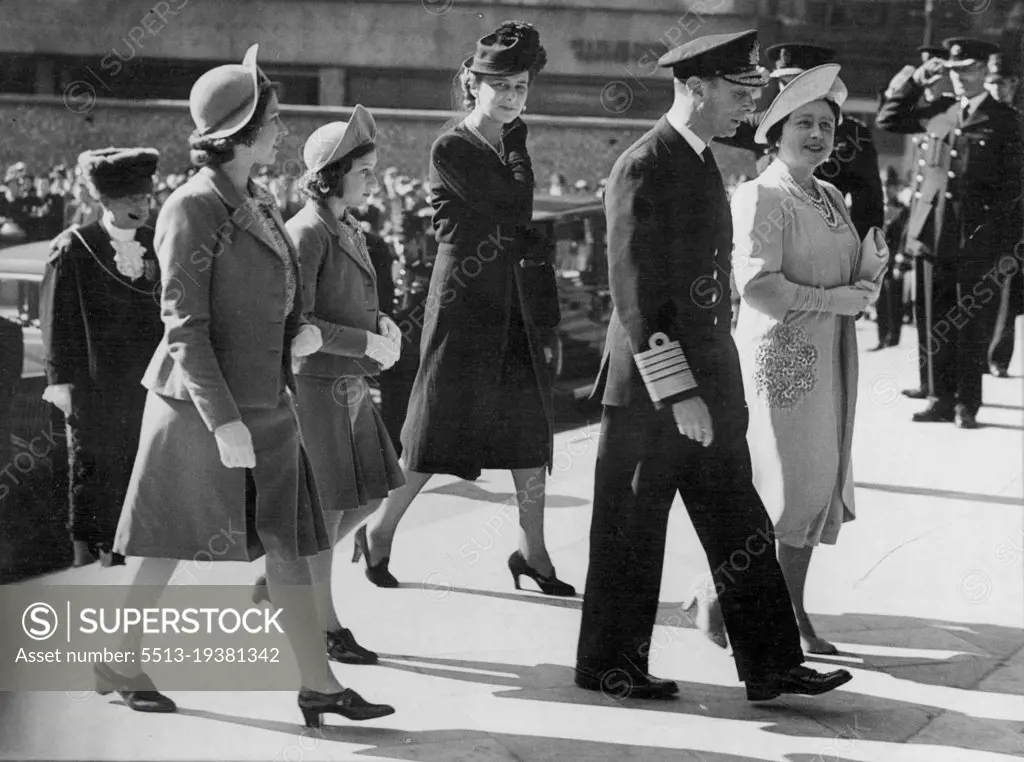 Royal Family Attend Thanksgiving Service At St. Pauls Cathedral -- The King and Queen with Princess Elizabeth, Princess Margaret Rose and the Duchess of Kent arriving for the service. The King and Queen, accompanied by the Princesses, attended a Thanksgiving Service for the North African victory, at St. Pauls Cathedral, London. May 19, 1943.