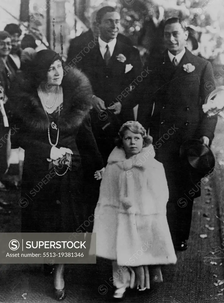 'Wedding of Lady May Cambridge and Capt. Henry Abel Smith at Balcombe Village Church, Sussex.The Duke and Duchess of York with Princess Elizabeth, bridesmaid, leaving after the ceremony. October 24, 1931. (Photo by Photopress)