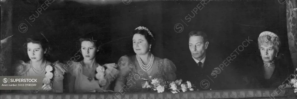 Royal Family Attend The Reopening of The Royal Opera House, Covent Garden -- Left to right - Princess Elizabeth; Princess Margaret; H.M. the Queen; H.M. the King; and Queen Mary in the Royal box at the Royal Opera House, Covent Garden, London, during the opening performance of the season.A brilliant audience greeted the reopening of the Royal Opera House, Covent Garden, when the Sadler's Wells ballet company performed the Tchaikovsky ballet," The sleeping Beauty". Their Majesties the King and Queen, were present, accompanied by Queen Mary, Princess Elizabeth and Princess Margaret. The audience also include the Prime Minister and Mrs. Attlee, as well as many Cabinet Ministers and foreign diplomats. The building itself escaped damage during the war, and was easily restored to its traditional splendour. February 20, 1946.