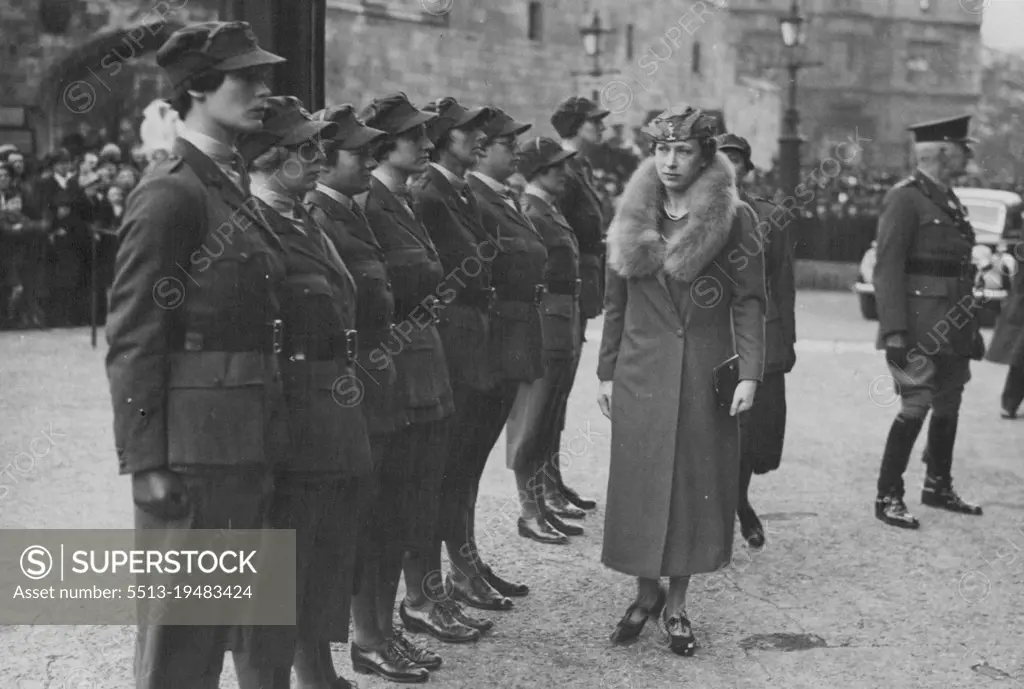 Princess Royal And Husband At York Minster -- The Princess Royal inspecting the guard of honour of the First-Aid Nursing Yeomanry at York Minster yesterday. For the first time for over 50 years Royalty attended the annual York Military Sunday service at York Minster, yesterday, when the Princess Royal, Lord Harewood and their two sons, Viscount Lascelles and the Hon. Gerald Lascelles, were present. April 12, 1937. (Photo by Topical Press).